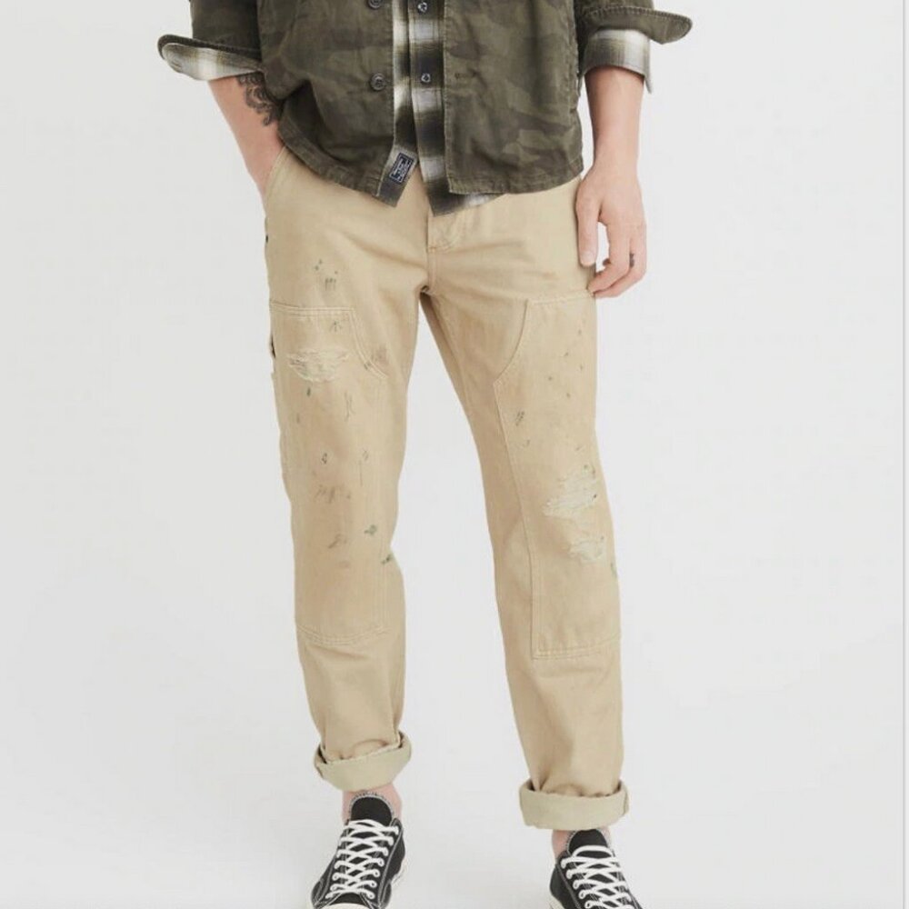 Abercrombie & Fitch Straight Carpenter Paint Splatter Ripped Khaki Pants